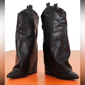 PLT Point Toe Fold Over Calf High Heeled Boots